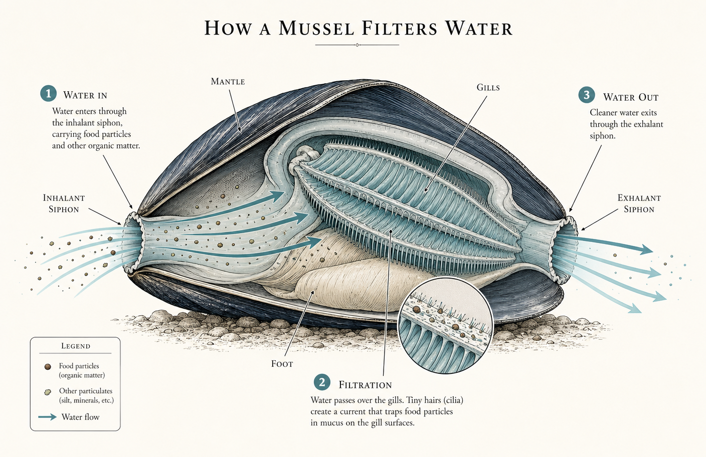 Cross-section illustration showing water entering a mussel through the inhalant siphon, being filtered across the gills, and exiting cleaner through the exhalant siphon