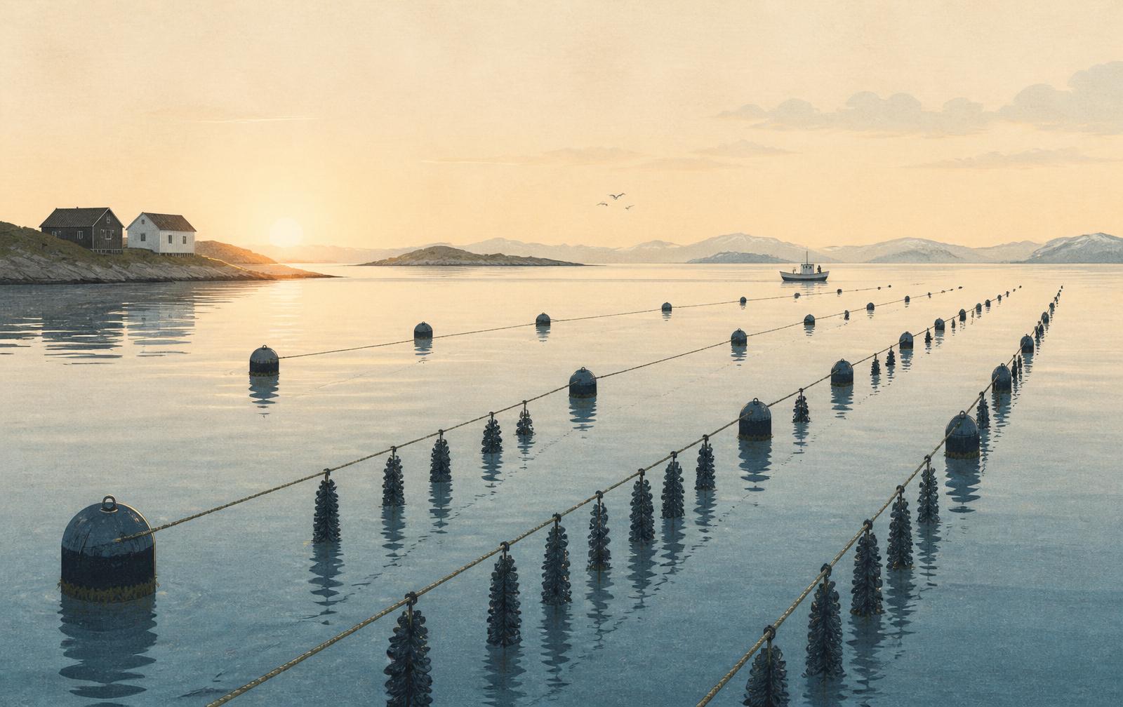 Mussel farm ropes suspended in the sea