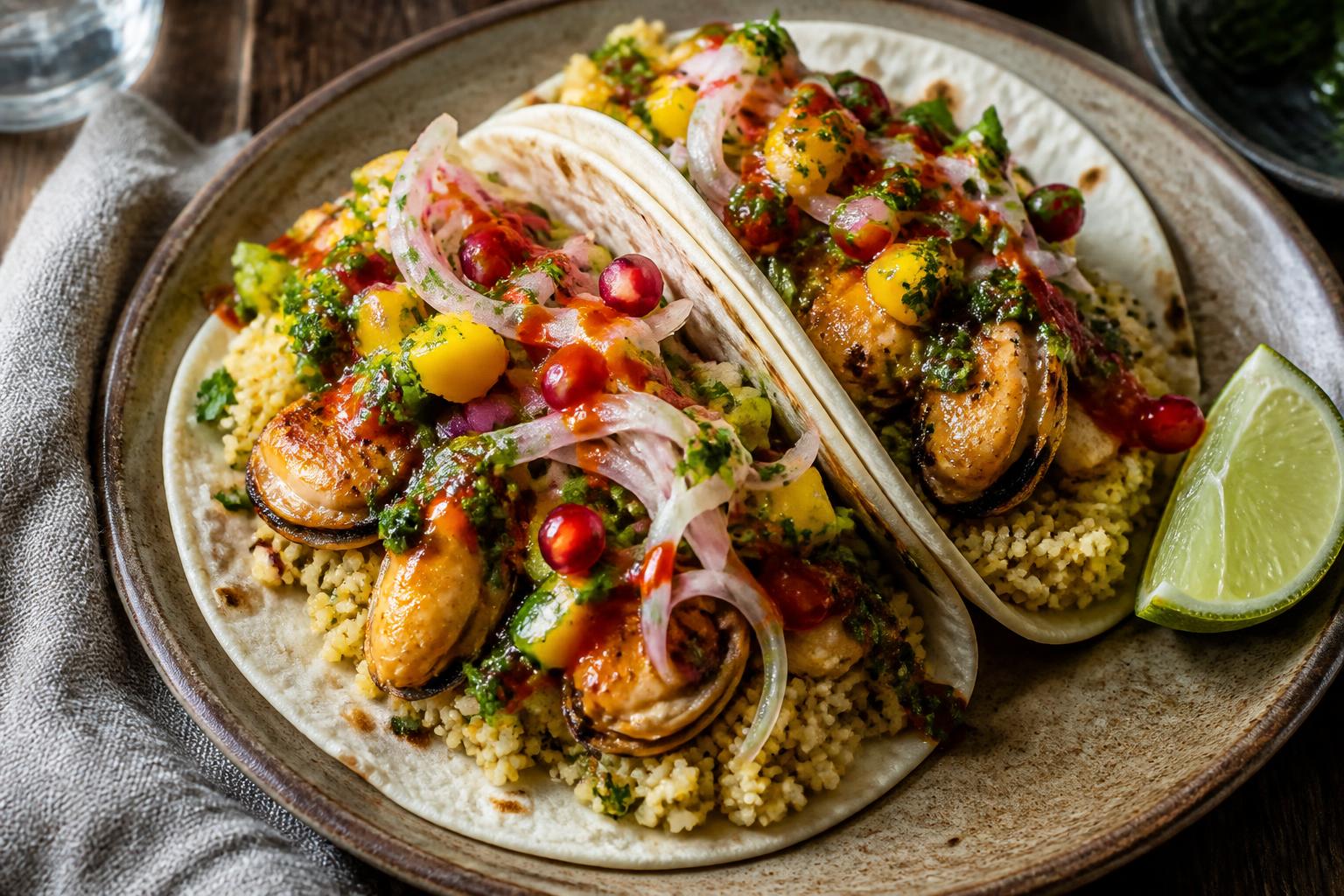 Two assembled mussel tacos on warm flour tortillas — couscous, pan-fried mussels, mango salsa with pomegranate, pickled fennel, basil–mint oil, and a drizzle of sriracha, with a lime wedge alongside.