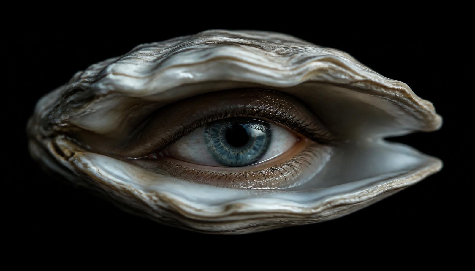 A painterly illustration of a human eye nested inside an open mussel shell — an artistic invitation to imagine what it might be like to be a mussel.