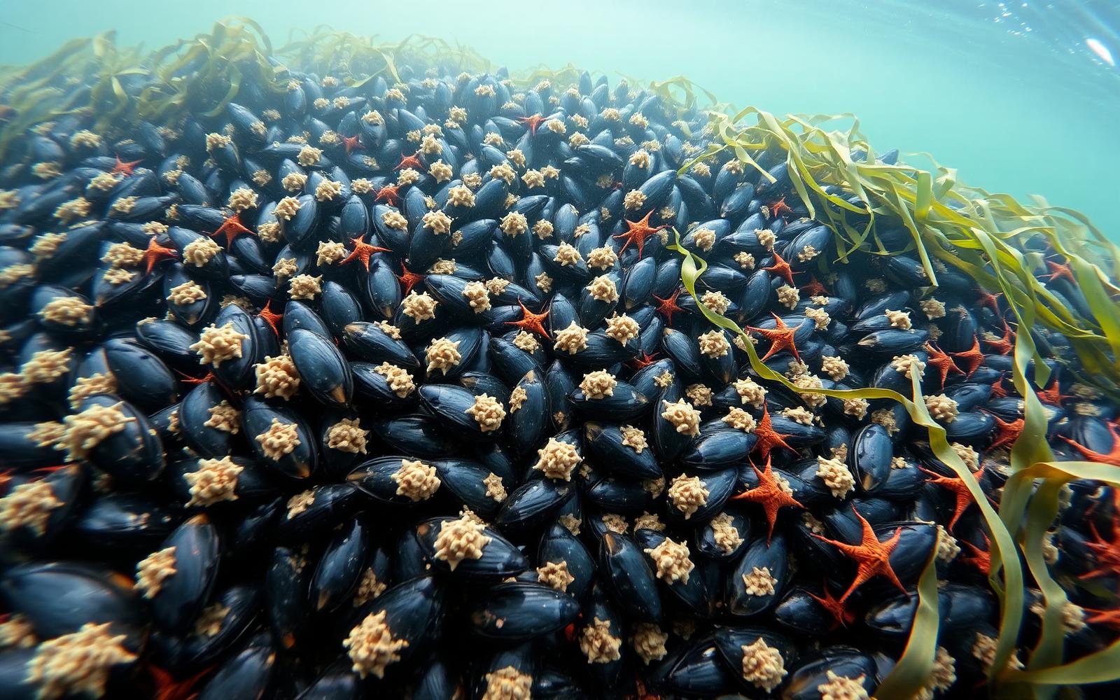 A dense mussel bed carpeted with barnacles, starfish, and seaweed — an entire ecosystem on a rock.