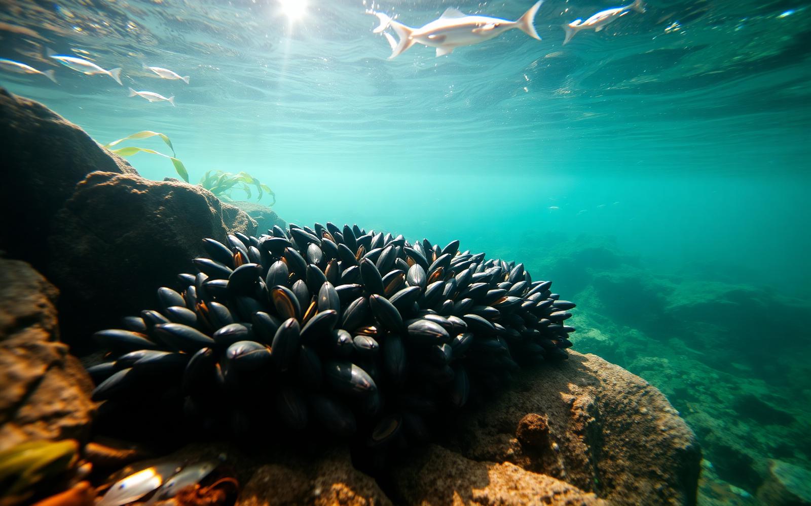 A wild blue mussel bed clinging to rock in cold northern water