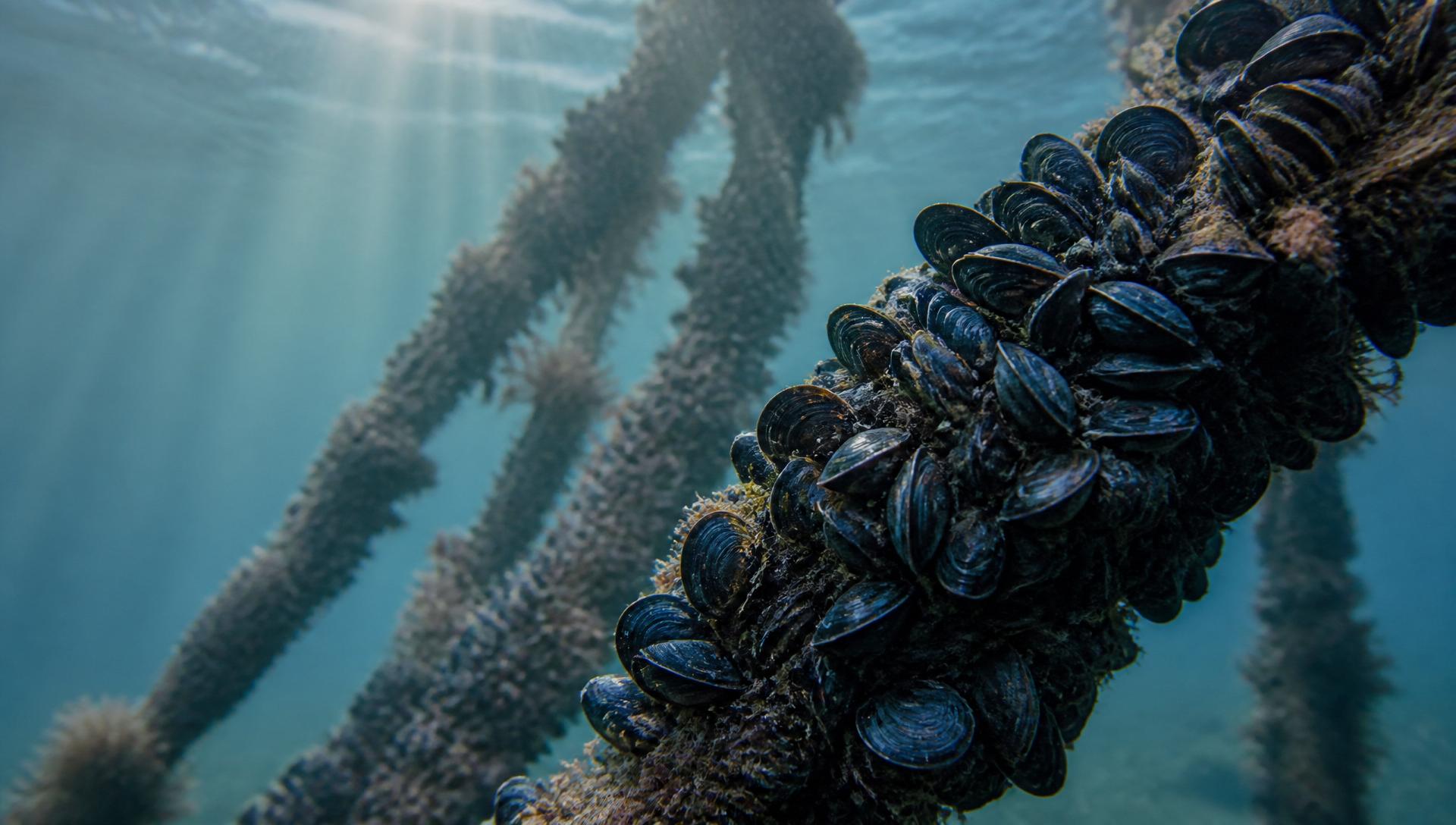 Blue mussels clustered on aquaculture ropes in clear coastal water, sunlight filtering through the surface